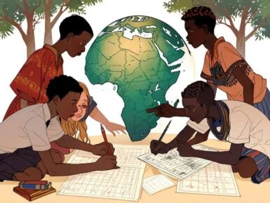 Estudantes-desvendando-as-origens-da-matematica-na-Africa-385x289 Estudantes discutindo matemática na antiguidade africana