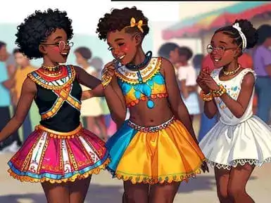Três meninas negras sorrindo e fantasiadas, brincando o carnaval nas ruas de Quantáris, explorando como a matemática está presente na festa.
