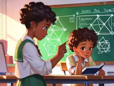 Dois alunos estudando e descobrindo o que é geometria, observando formas e figuras geométricas em sala de aula.
