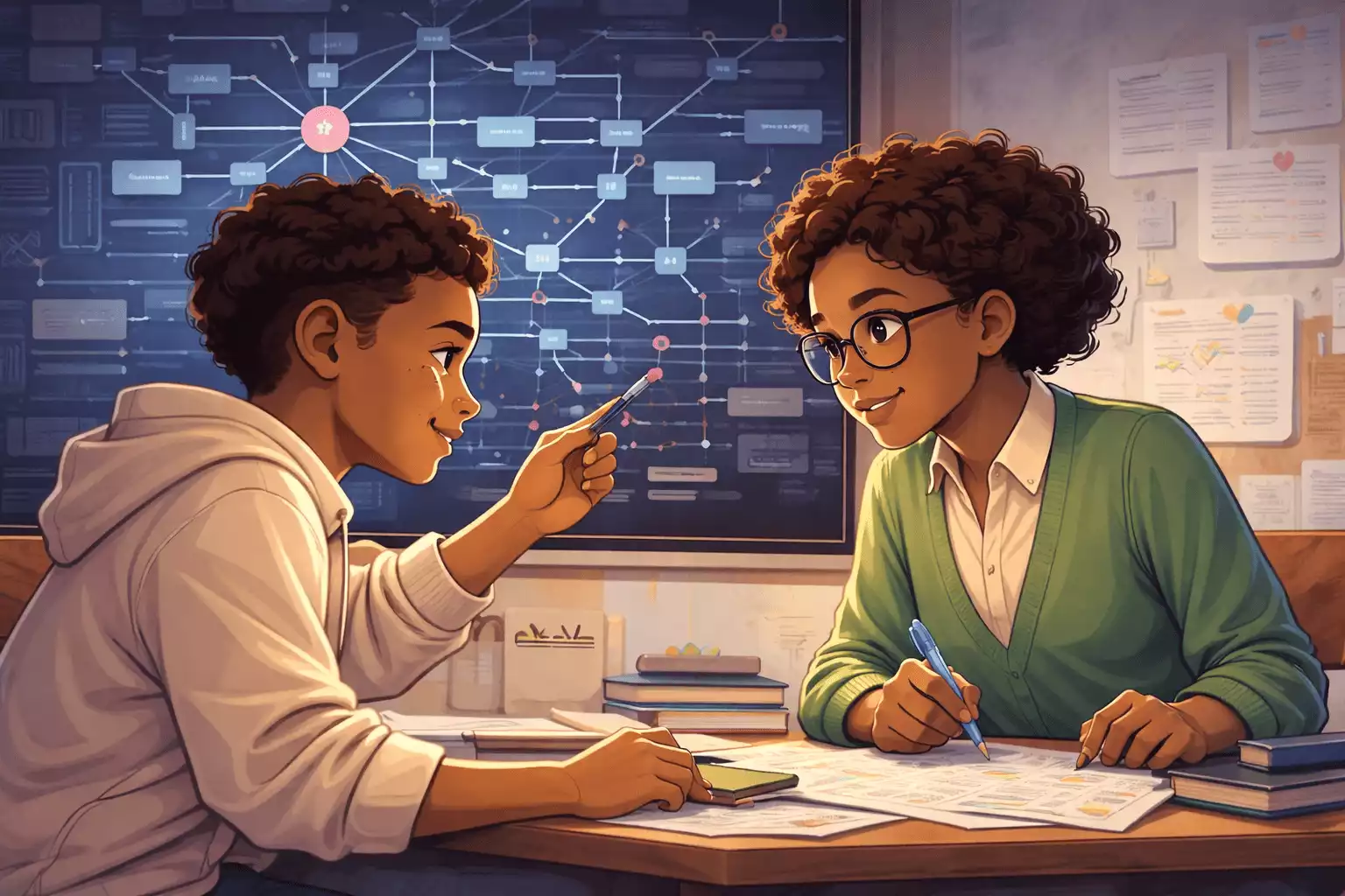 Jovens organizando um sistema de conexões e padrões para resolver um problema matemático.