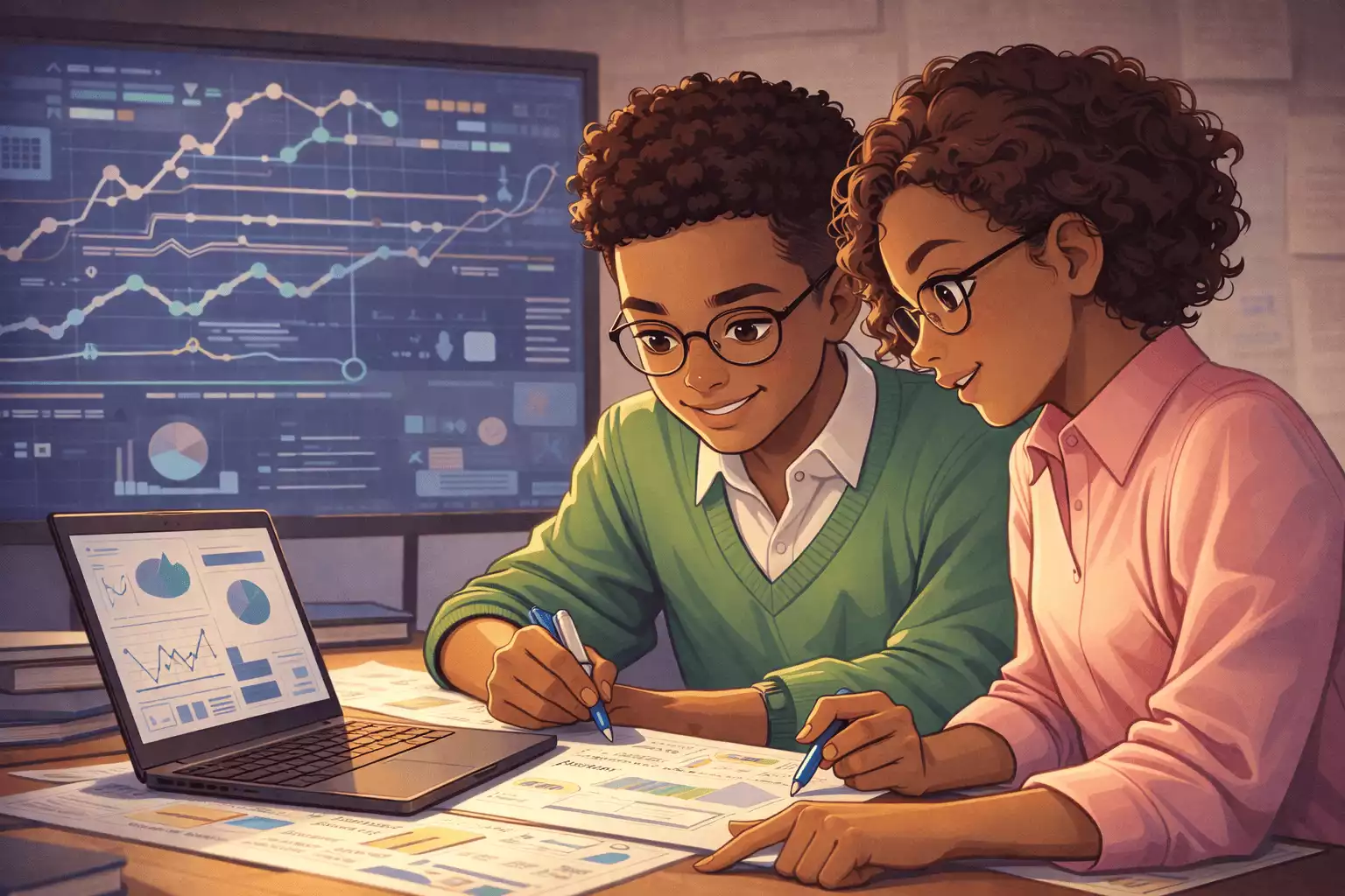 Jovens utilizando análise de dados para tomar decisões fundamentadas em matemática.