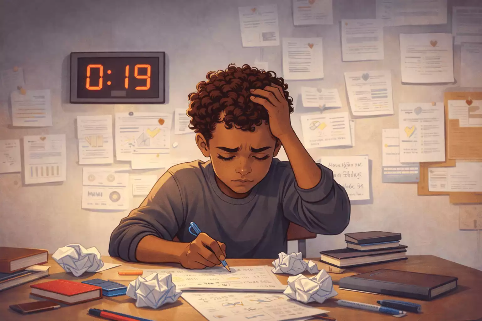 Estudante concentrado resolvendo problema matemático sob pressão de tempo.