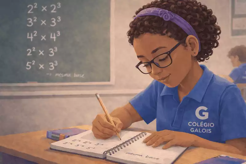 Aluna Denise anotando exemplos de potenciação de números naturais em seu caderno durante aula no Colégio Galois, observando padrões com base e expoente