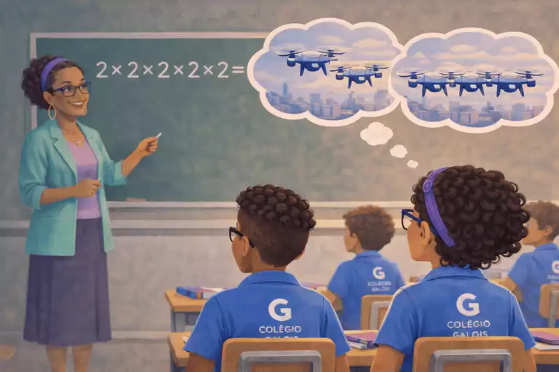 Denise imaginando drones sobre Quantáris representando a multiplicação de potências enquanto observa a explicação da professora Marla no Colégio Galois