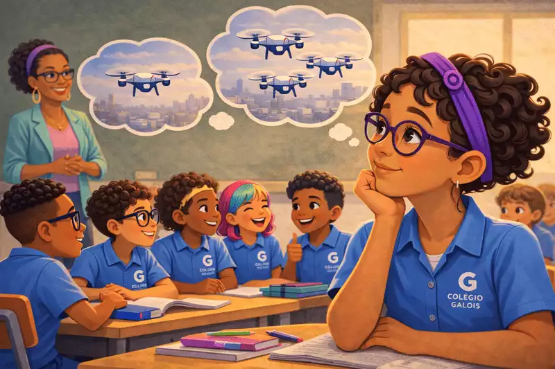Aluna Denise da Escola Galois imaginando o crescimento de uma rede de drones sobre Quantáris para entender o conceito de potenciação de números naturais
