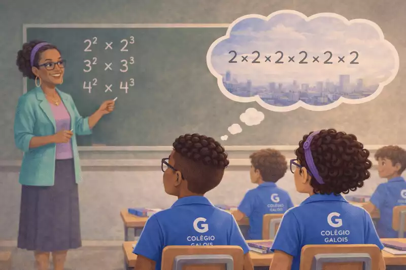Aluno Malik observando professora Marla explicar as propriedades da potênciação no quadro enquanto imagina a expansão da multiplicação de potências na sala do Colégio Galois