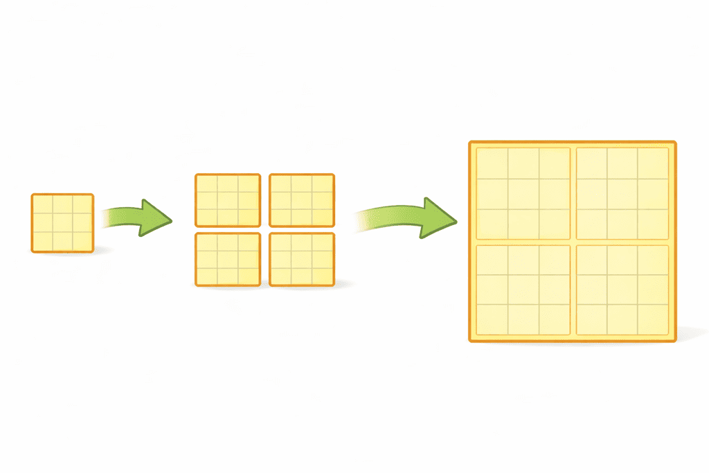 Representação geométrica da multiplicação de potências com blocos sendo organizados para formar uma estrutura maior