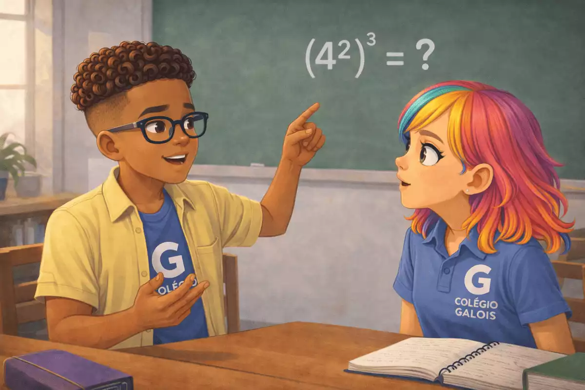 Alunos discutindo expressão de potência de potência com expoentes em um quadro
