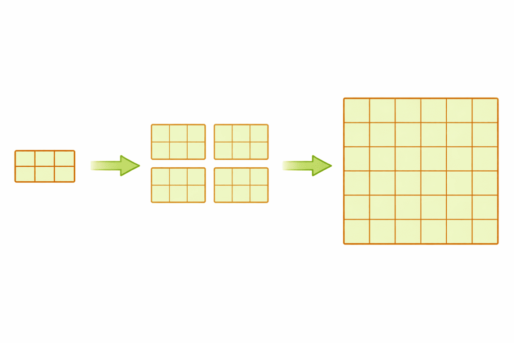 Representação visual de (2x3)² mostrando a repetição de blocos 2 por 3 formando um quadrado 6 por 6
