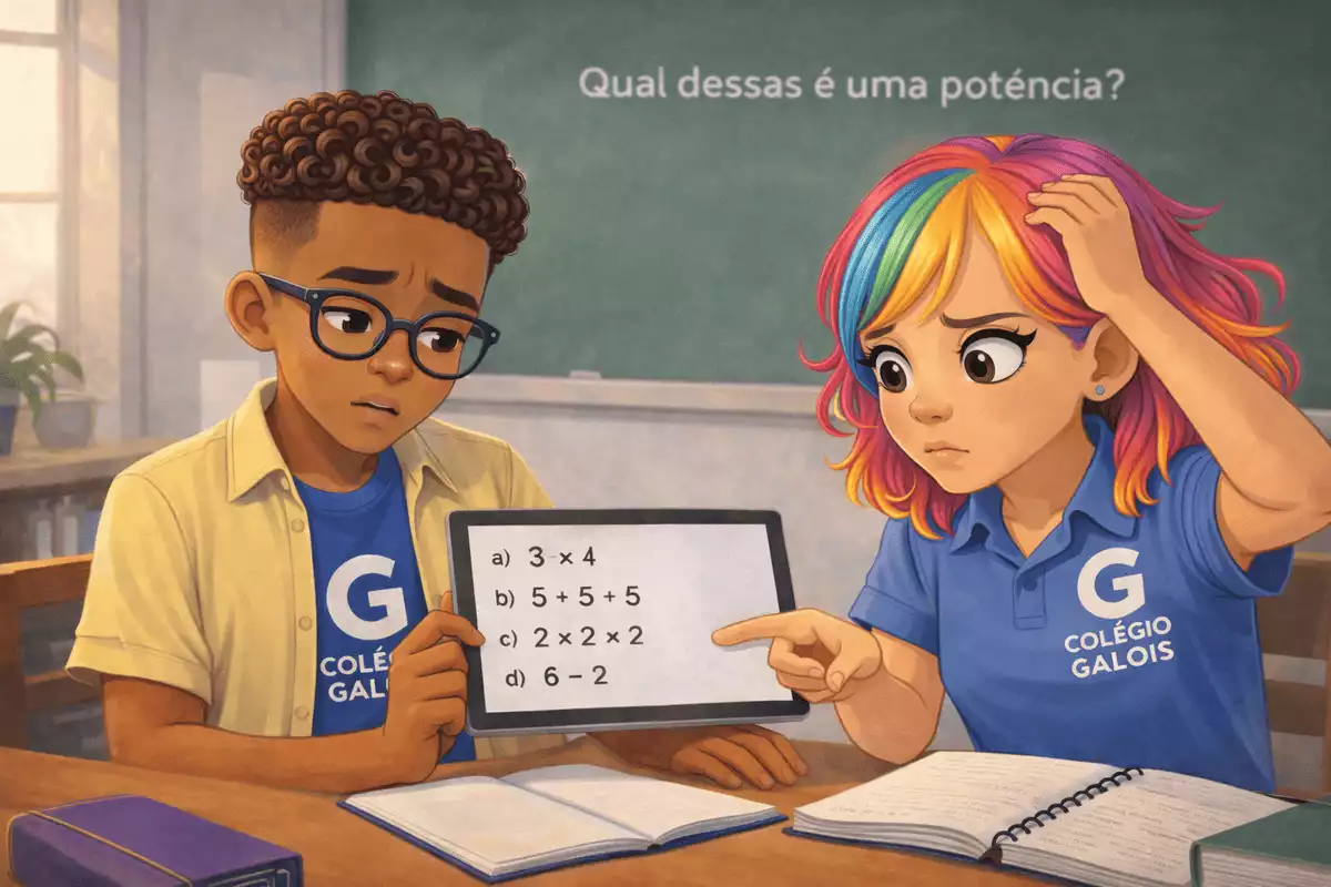 Alunos analisando expressões matemáticas em um tablet para identificar uma potenciação
