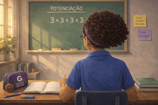 aluna observando repeticao de multiplicacao 3 vezes 3 no quadro em aula de potenciacao